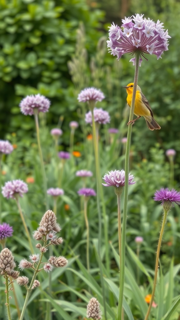 A vibrant yellow bird perched on a tall purple allium flower in a lush garden.