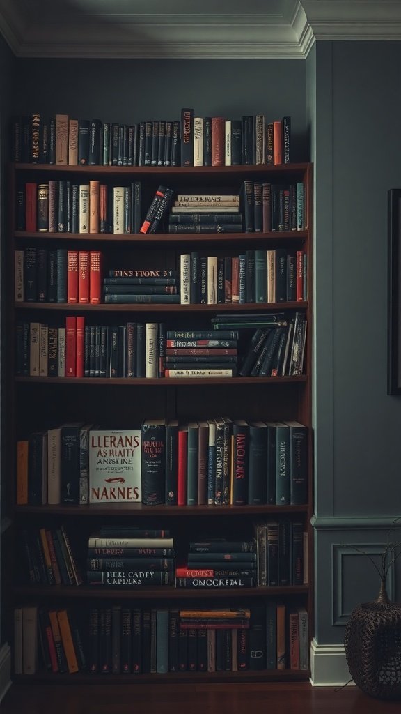 A wooden bookshelf filled with various books in a dark-themed room.