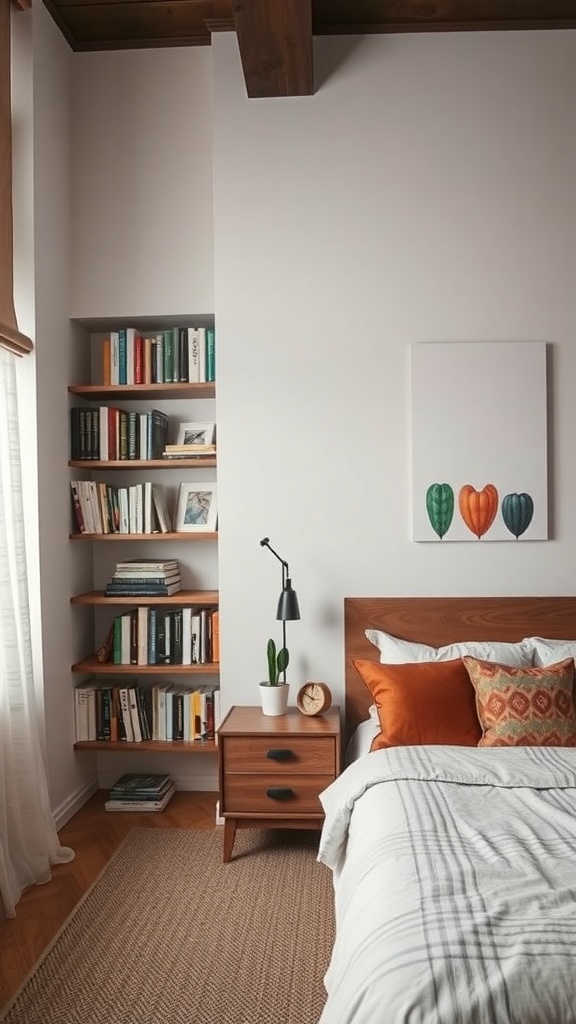 Cozy bedroom with artfully arranged bookshelves, featuring a mix of books and decorative items.