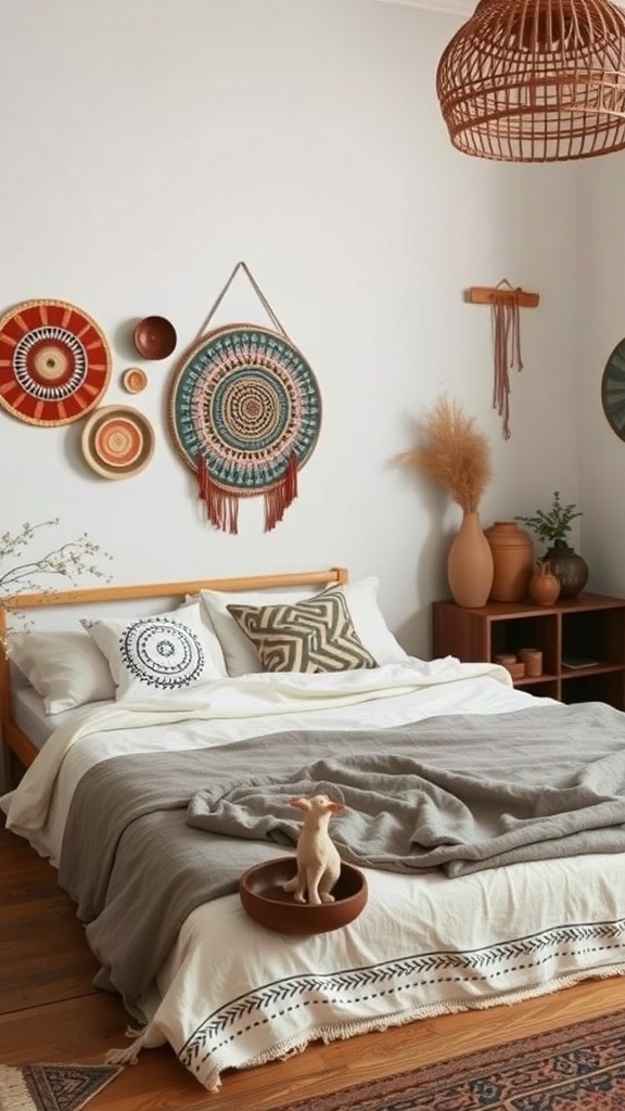 A cozy boho bedroom featuring artisan-style pottery decor, a wooden bed, and soft textiles.