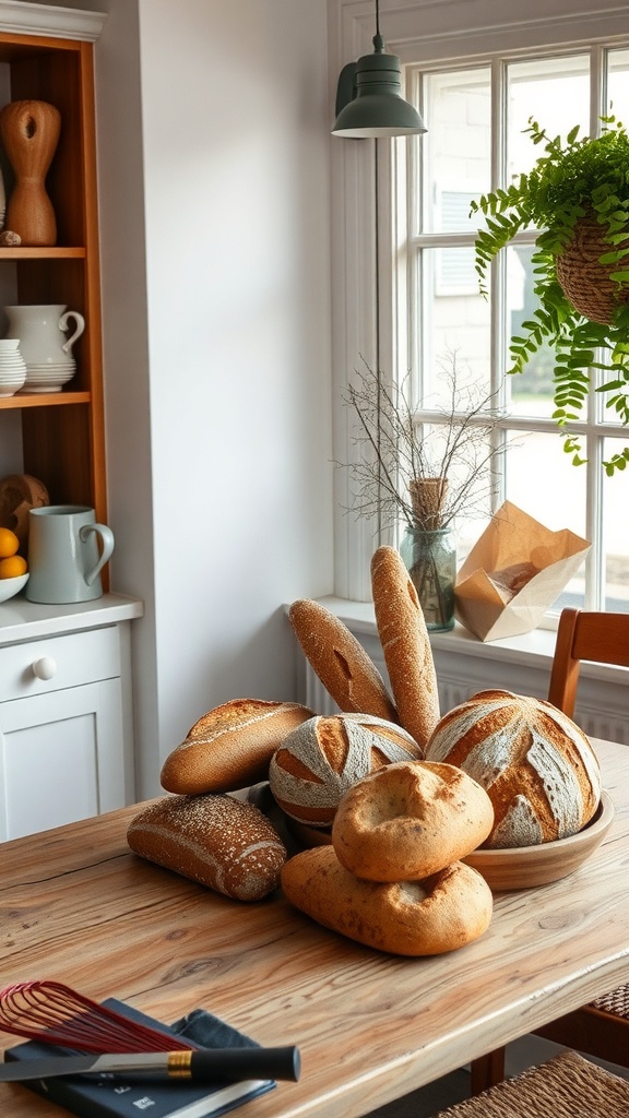 A rustic wooden table with a variety of artisan breads displayed, surrounded by natural light and cozy kitchen elements.