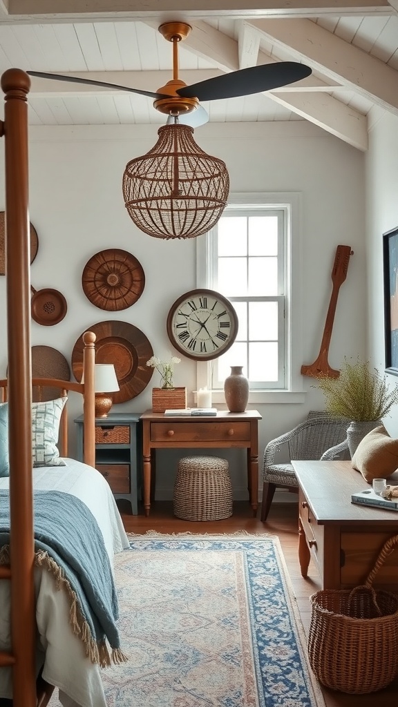 A cozy coastal bedroom featuring artisan craftsmanship with wooden furniture, woven light fixture, and handcrafted wall decor.