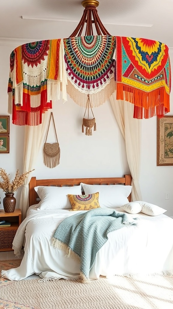 A colorful artistic bed canopy with vibrant patterns hanging above a cozy bed.