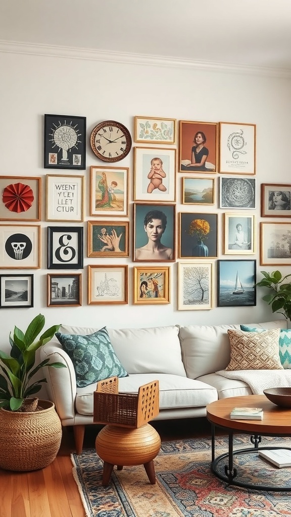 A boho living room featuring a gallery wall with various framed artworks, a cozy sofa, and decorative plants.