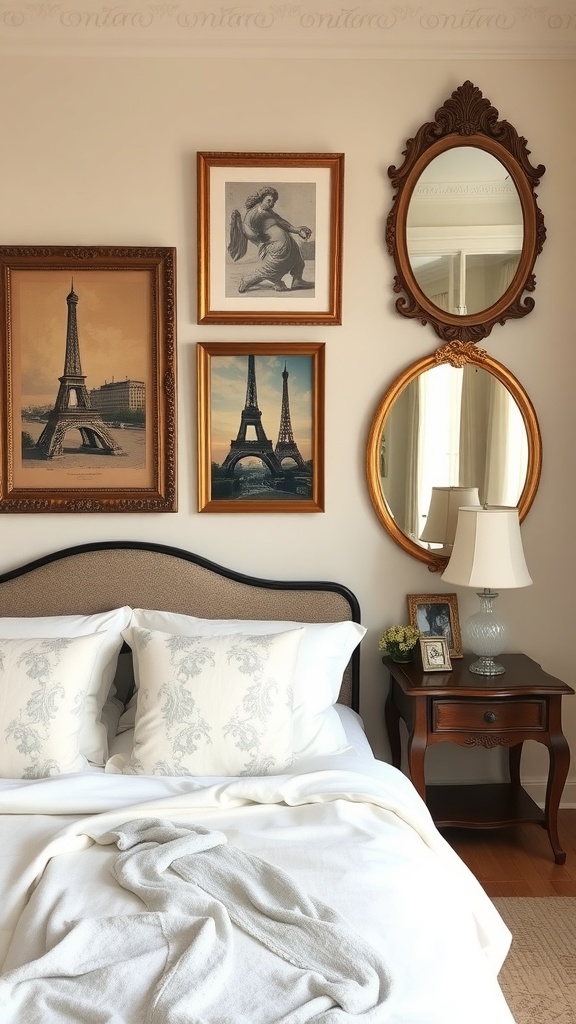 Artistic wall decor featuring Eiffel Tower prints and vintage mirrors in a cozy bedroom setting.