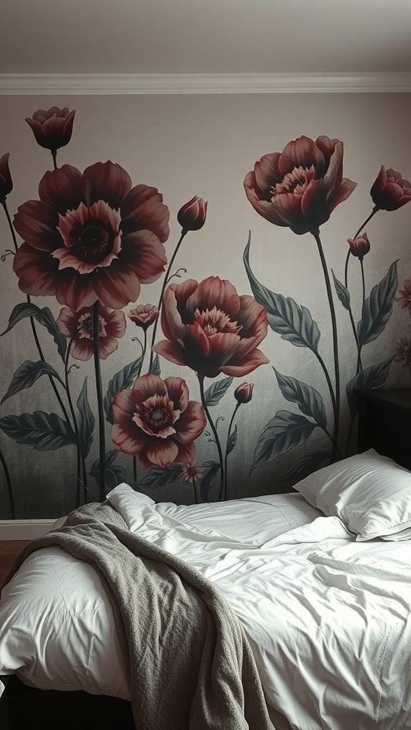 A bedroom with a large floral wall mural in dark colors, featuring a bed with a blanket and pillows.
