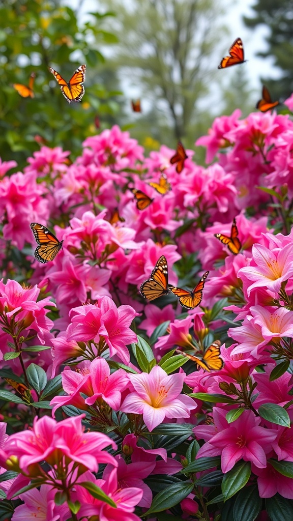 A vibrant garden filled with pink azaleas and butterflies fluttering around.