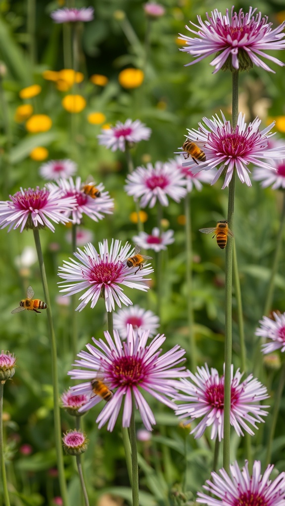 A close-up of allium flowers with bees buzzing around them in a colorful garden.