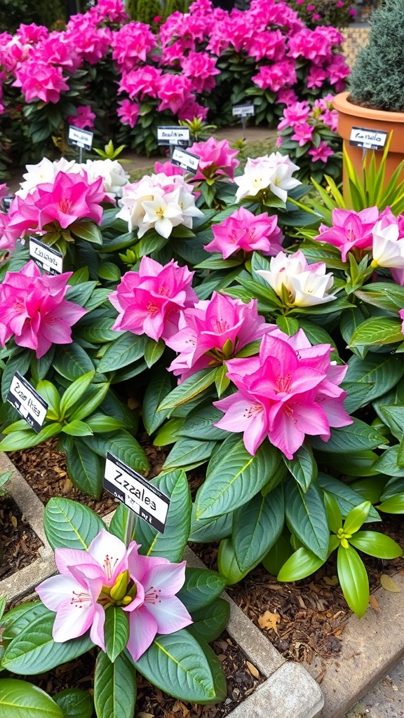 A variety of azaleas in pink and white blooms with green leaves, labeled with names.