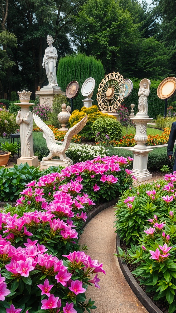 A garden featuring vibrant pink azaleas and various art sculptures, including statues and decorative pieces.