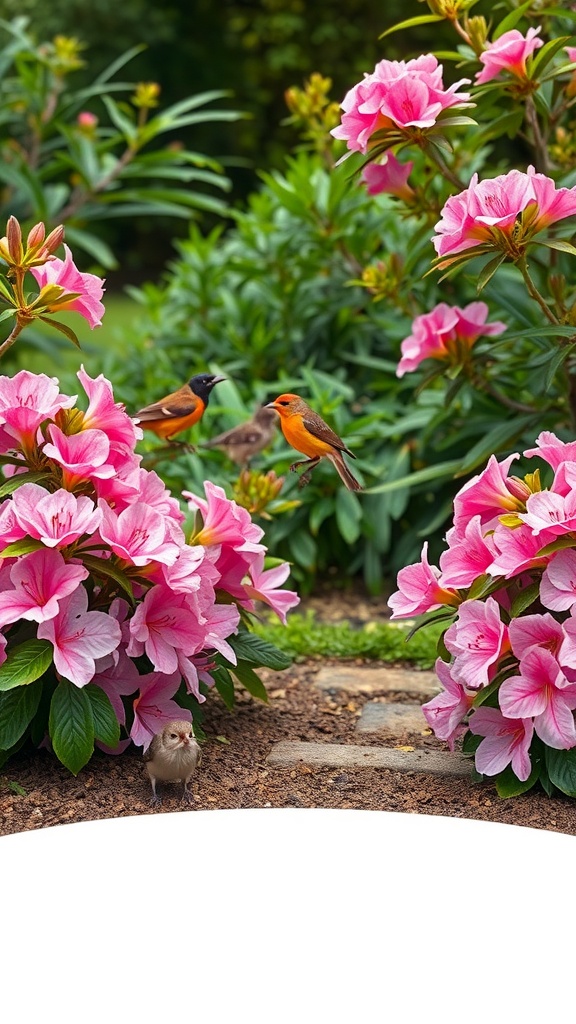 Colorful azaleas with birds in a garden