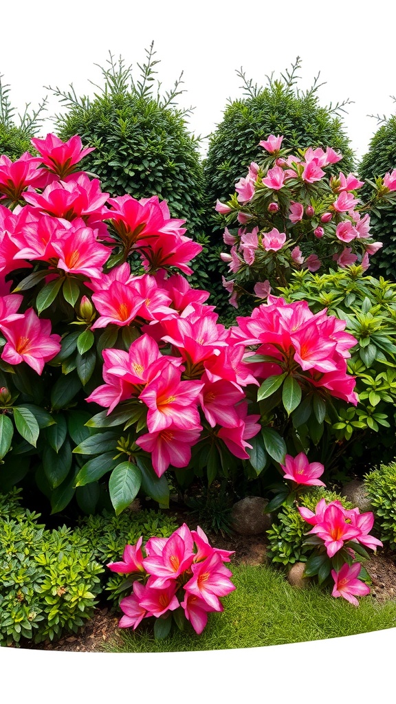 A vibrant display of pink azaleas surrounded by lush greenery and rounded shrubs.