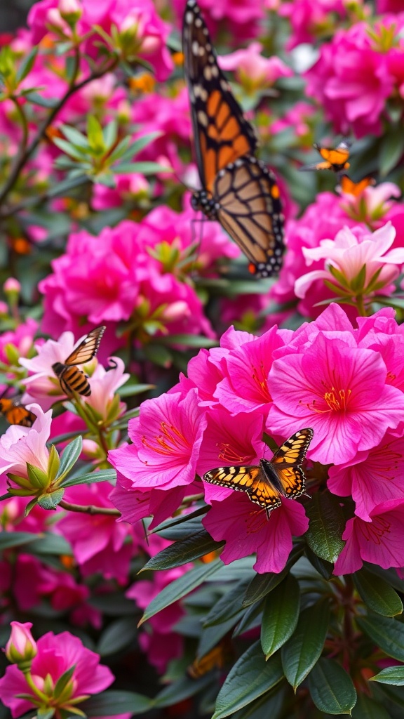 A close-up of pink azaleas with butterflies fluttering around them.