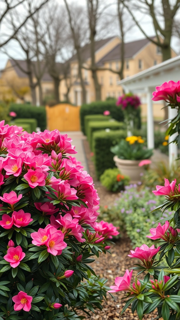 A vibrant display of pink azaleas in a garden setting with a pathway and greenery.
