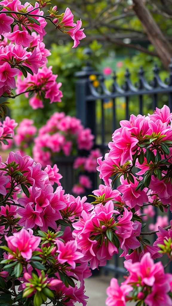 Close-up of vibrant pink azaleas blooming in a garden with a decorative fence in the background.