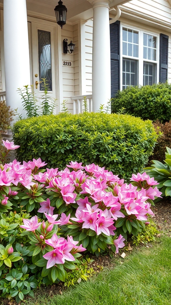 A beautiful display of pink azaleas blooming in front of a house, enhancing the entrance with vibrant colors.