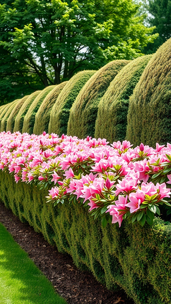 A row of pink azaleas blooming along a neatly trimmed hedge, creating a vibrant privacy screen in a garden.