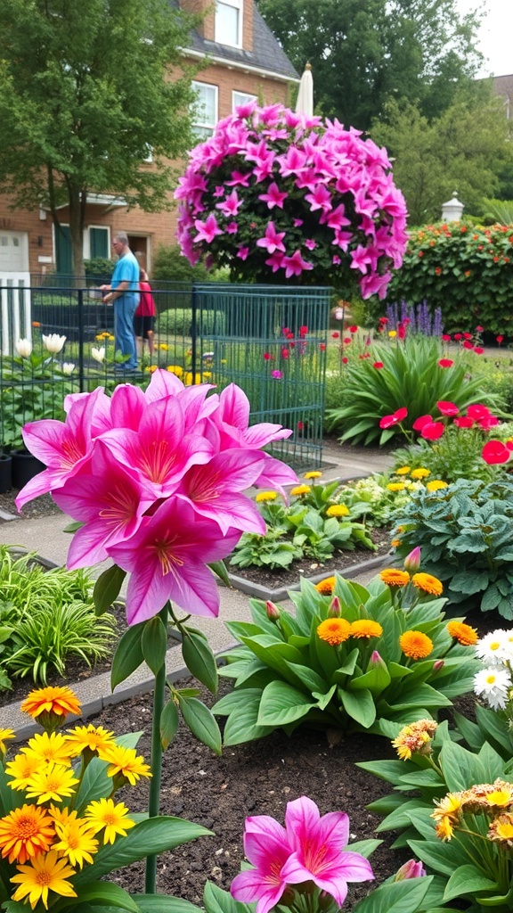 A vibrant community garden featuring pink azaleas and various colorful flowers.
