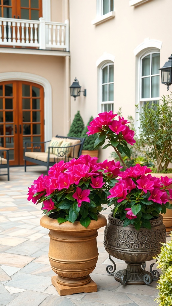 Container gardens featuring vibrant pink azaleas in decorative pots.