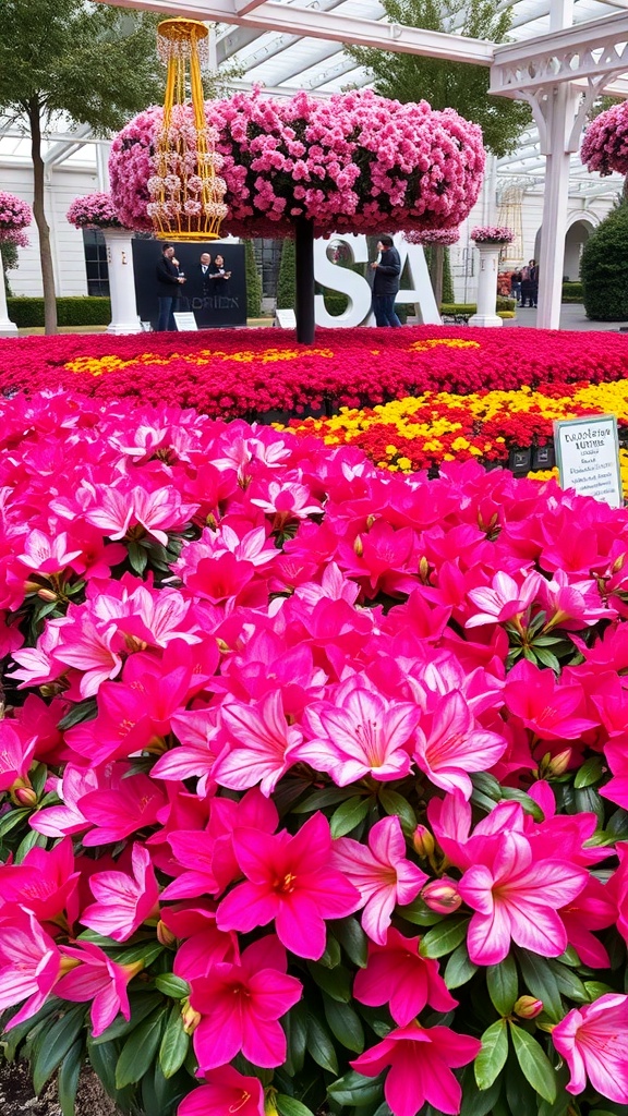 A vibrant display of azaleas in a flower show, featuring pink and white flowers with a decorative chandelier above.