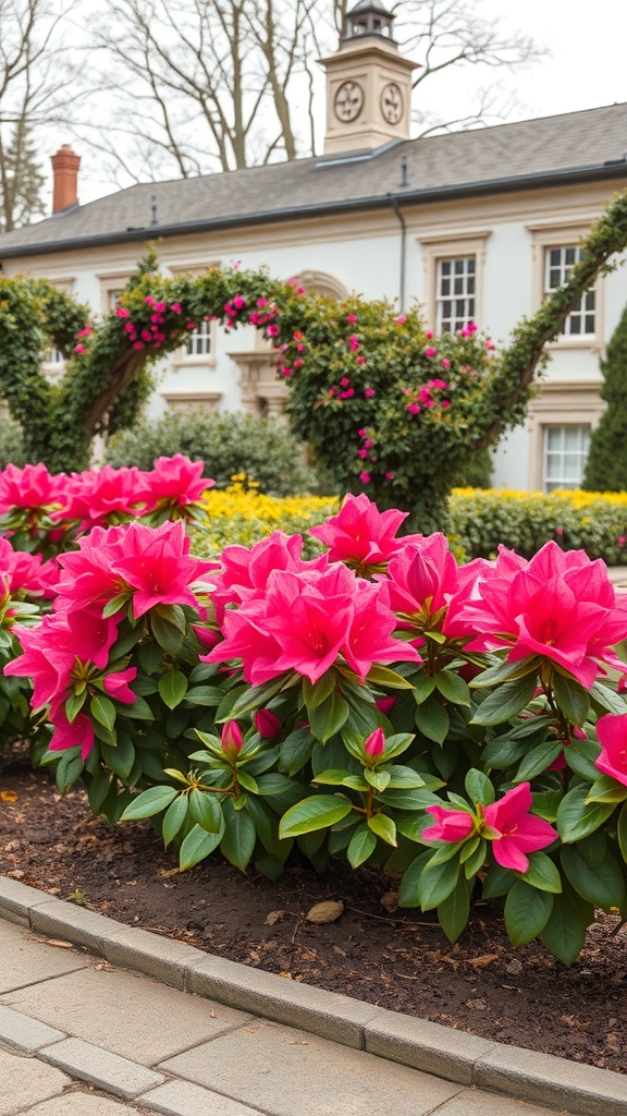 A vibrant display of pink azaleas in a historical garden setting with a charming building in the background.