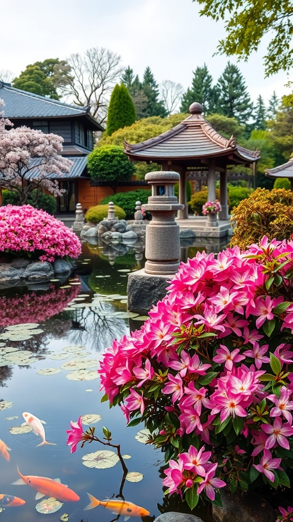 A beautiful Japanese garden featuring vibrant pink azaleas, a tranquil pond with koi fish, and traditional architecture.