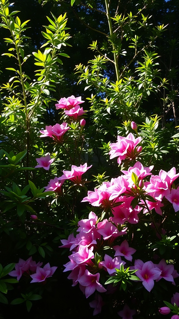 Vibrant pink azaleas blooming amidst lush green foliage in a shaded garden area.