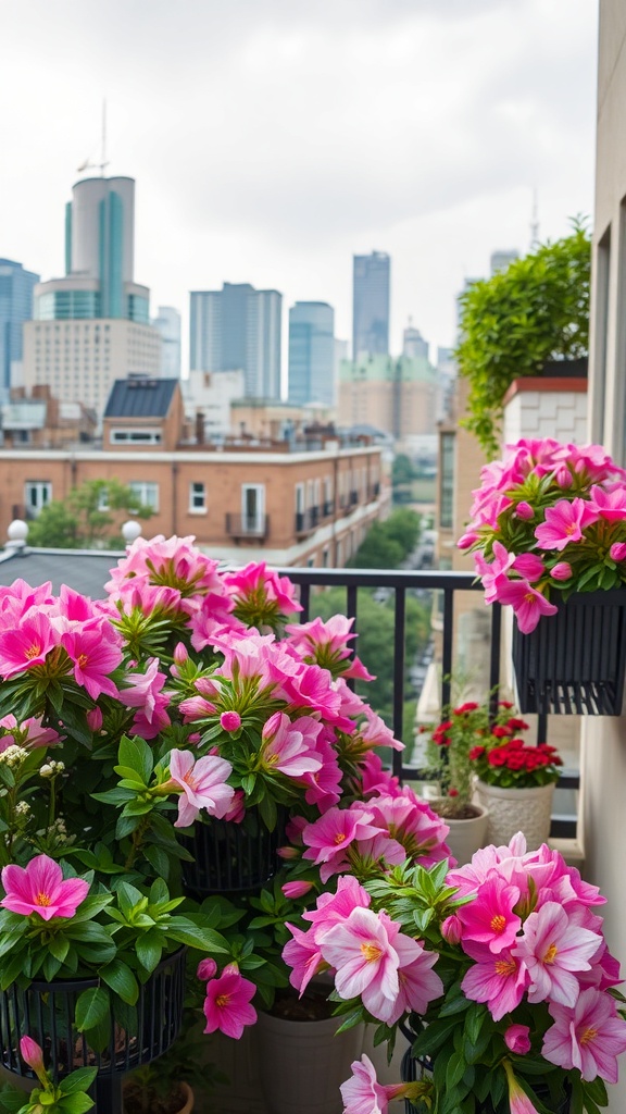 A balcony filled with blooming pink azaleas overlooking a city skyline.