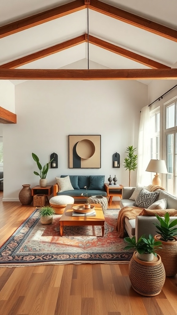 A boho living room with high ceilings, wooden beams, a patterned rug, and plants.