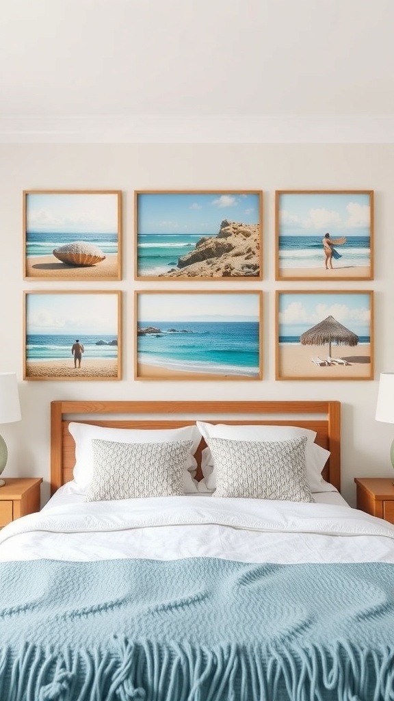 A coastal bedroom featuring beach-inspired wall art with framed photographs of the beach.
