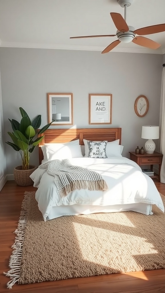 Cozy bedroom with a soft, textured area rug, light bedding, and wooden furniture.