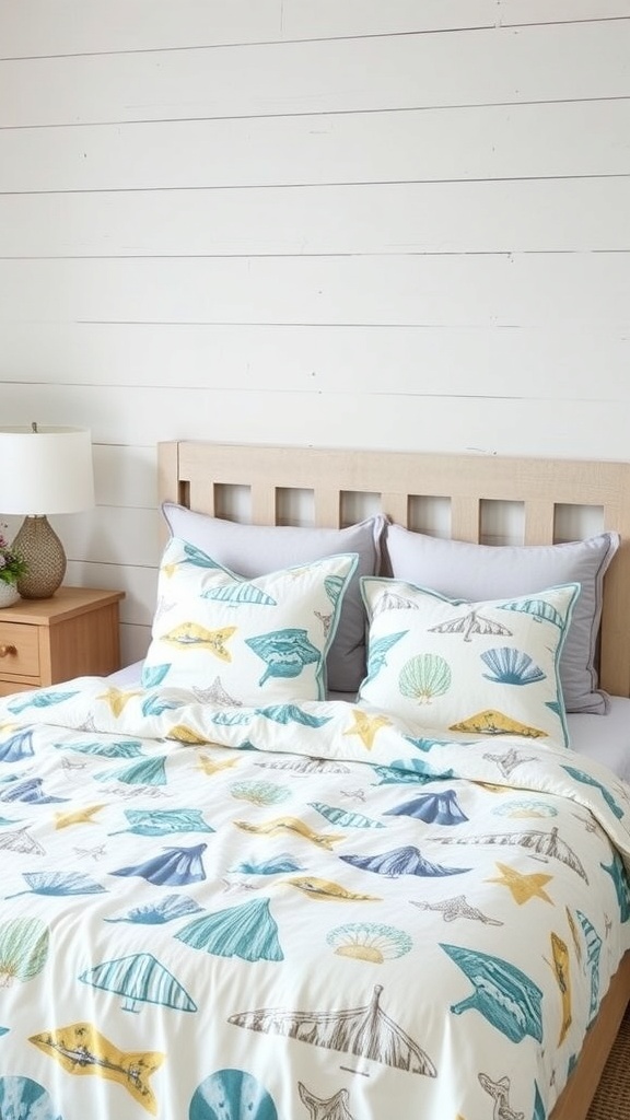 A coastal-themed bedroom with a quilt featuring marine designs, including seashells and fish, paired with soft pillows.