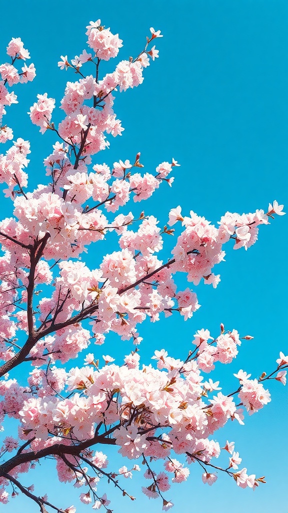 A branch of blooming cherry blossoms against a clear blue sky.