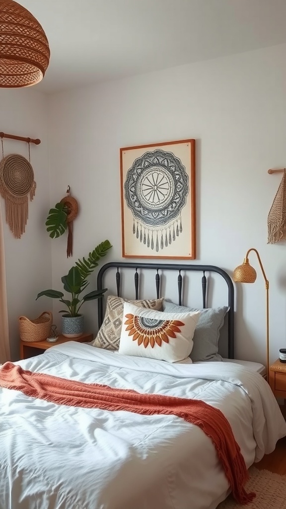 A cozy bohemian bedroom featuring intricate wall art, a bed with soft linens, and woven decor elements.