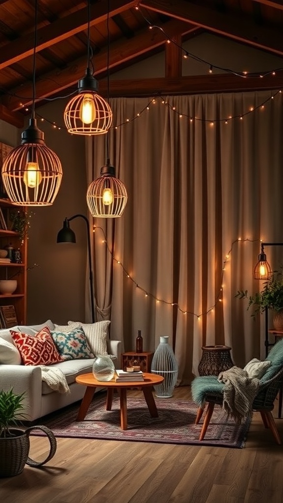 A cozy bohemian living room with unique pendant lights, warm lighting, and a mix of furniture styles.