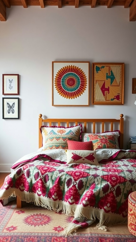 A boho bedroom featuring a colorful quilt, patterned pillows, and vibrant wall art.