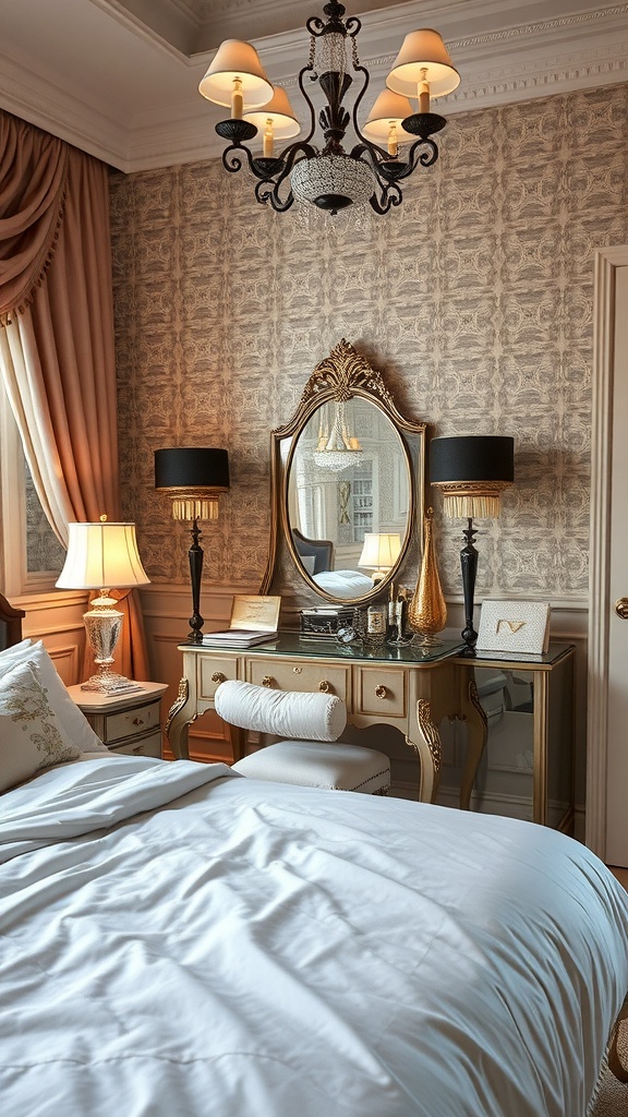 A stylish boudoir corner featuring a mirror, elegant lighting, and luxurious bedding.