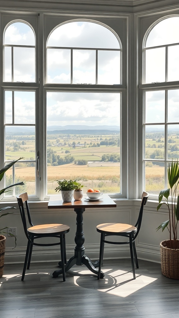 A cozy breakfast nook with a view featuring a wooden table, two chairs, and large windows overlooking a scenic landscape.