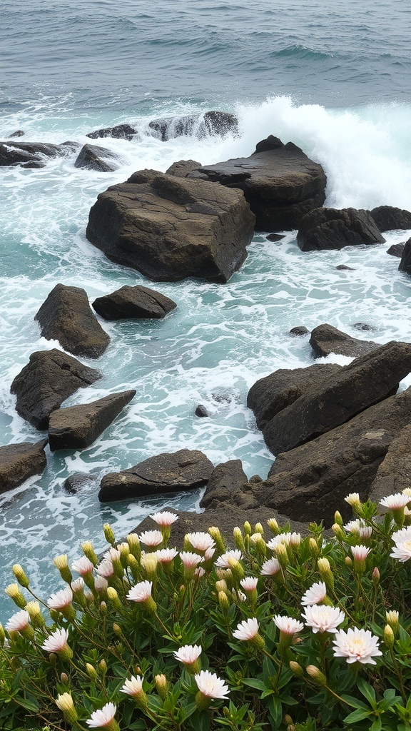 A coastal scene with crashing waves on rocks and blooming flowers in the foreground.