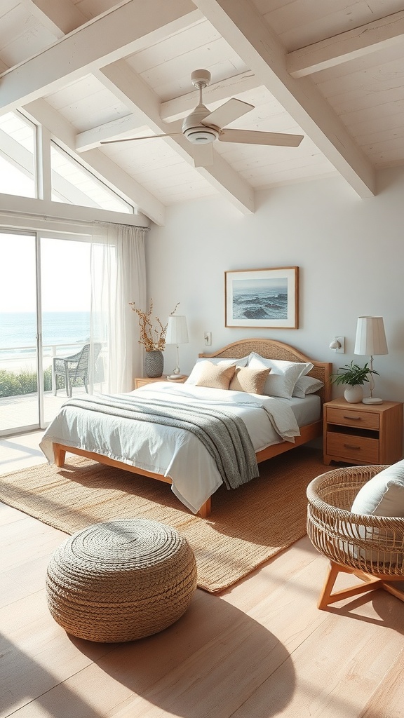 A bright coastal bedroom with large windows, high ceilings, and natural wood decor.