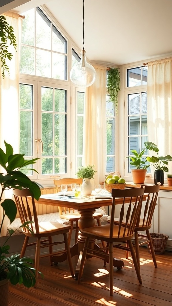 Bright and airy breakfast nook with large windows, wooden table and chairs, and plants.