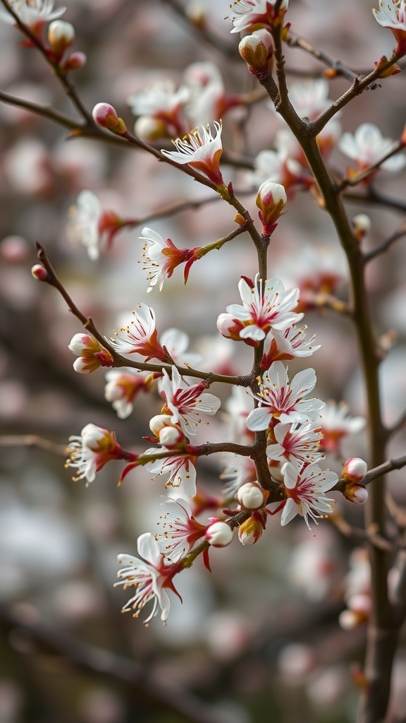 Close-up of blooming tree branches with white and pink flowers