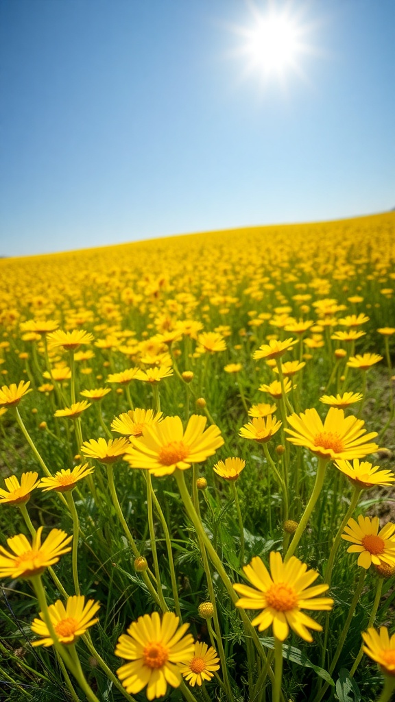 A bright field filled with yellow buttercup flowers under a clear blue sky.