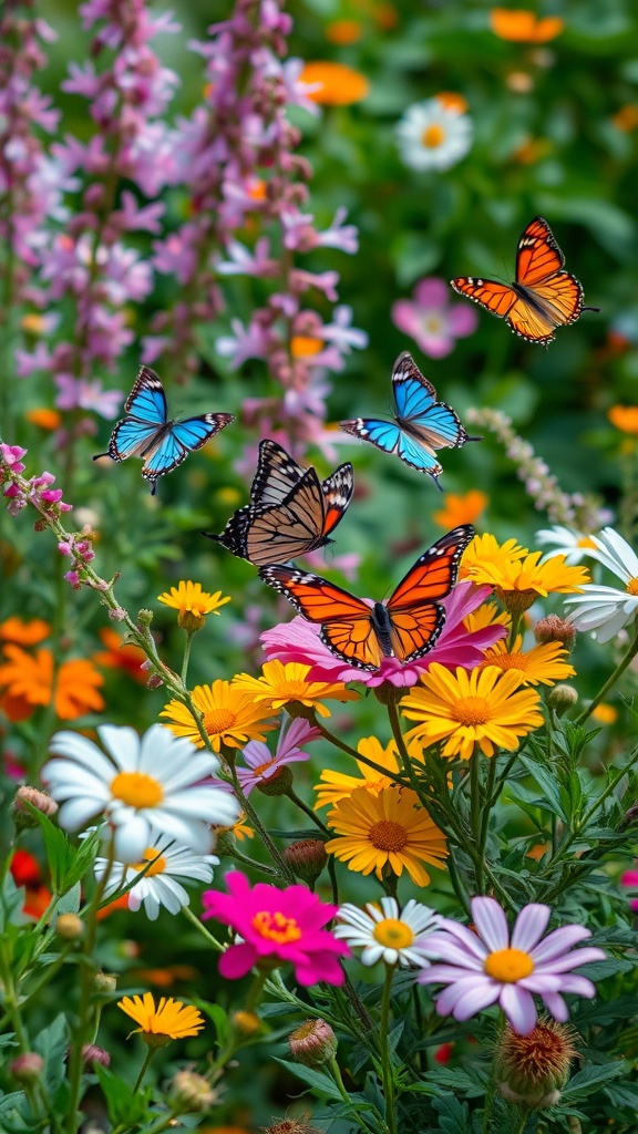 Colorful butterflies flying over a garden filled with vibrant flowers.