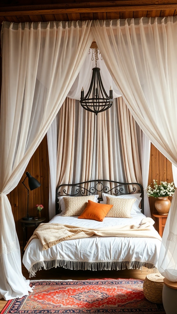 A cozy boho bedroom featuring a canopy bed with flowing curtains, warm wooden walls, and decorative elements.