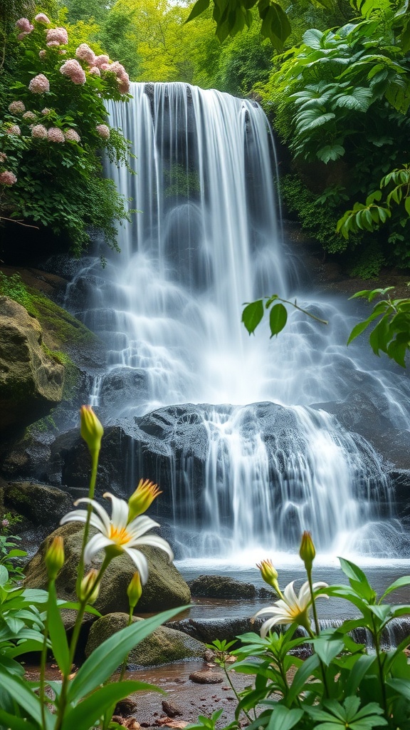 A beautiful waterfall cascading down rocks, surrounded by lush greenery and colorful flowers.