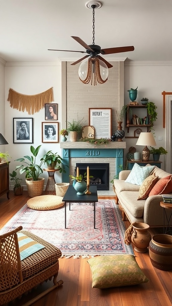 A cozy Boho living room featuring a mix of plants, art, and eclectic decor.