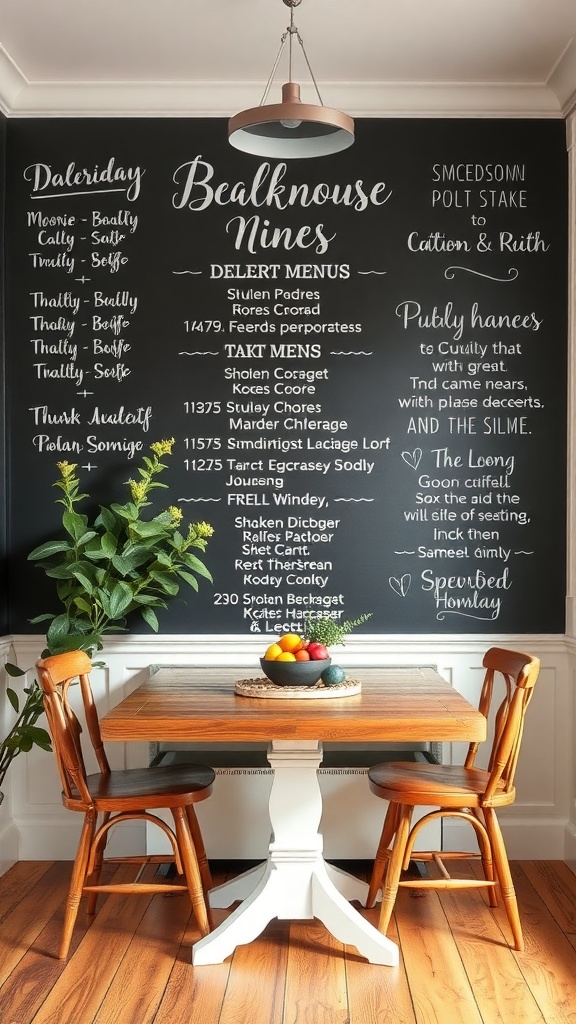 Chalkboard wall with daily menus in a farmhouse breakfast nook