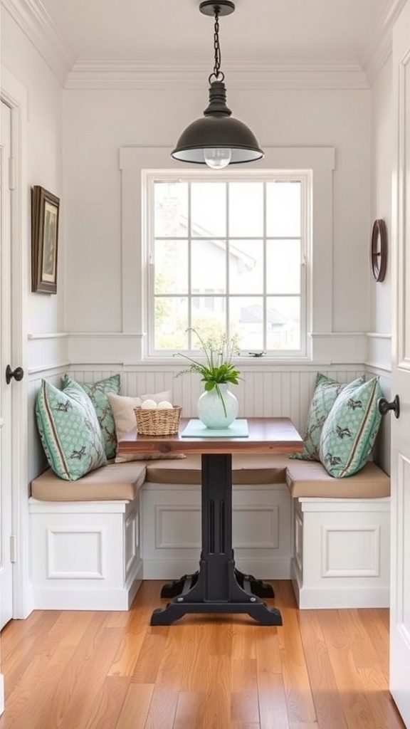 Cozy farmhouse breakfast nook with built-in bench seating, a wooden table, and decorative cushions.