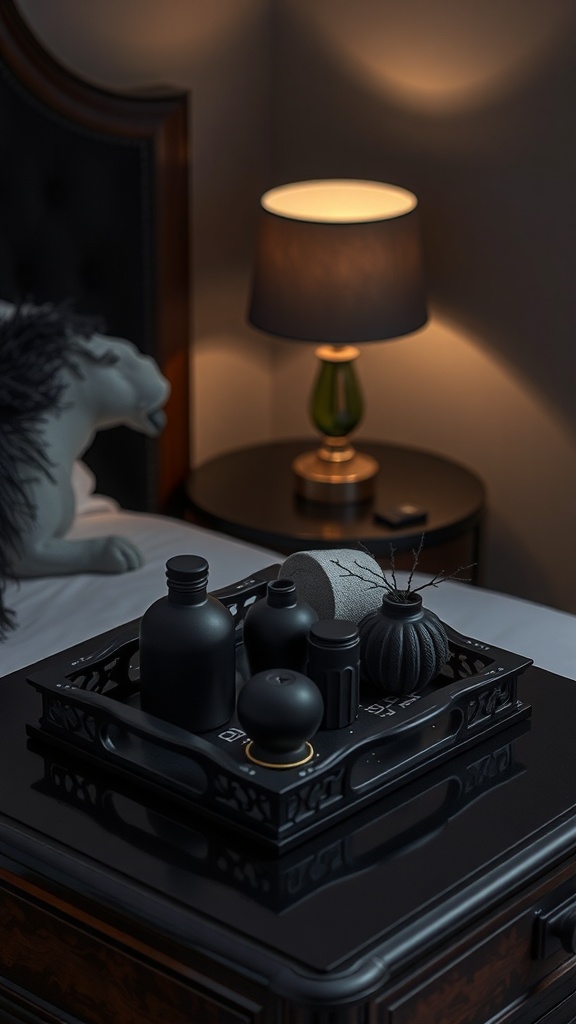 A black decorative tray with various items on a nightstand, illuminated by a lamp.